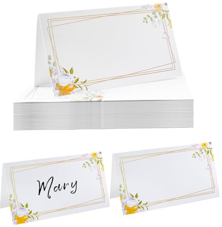 URROMA Klappkarte, 100 Stück, gelbe Blume, goldener Rahmen, Tischkarten, leere Tischzeltkarten für Dinnerpartys, Bankette, Hochzeiten, Tischdekoration
