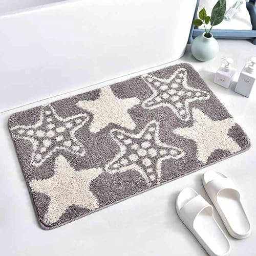 Door Mat Grey Star Bathroom Mats Non Slip Washable Anti Mould,Bath Mats For Bathroom,Bathroom Rug,Absorbent Bath Mat, Soft Thick Floor Foot Rugs