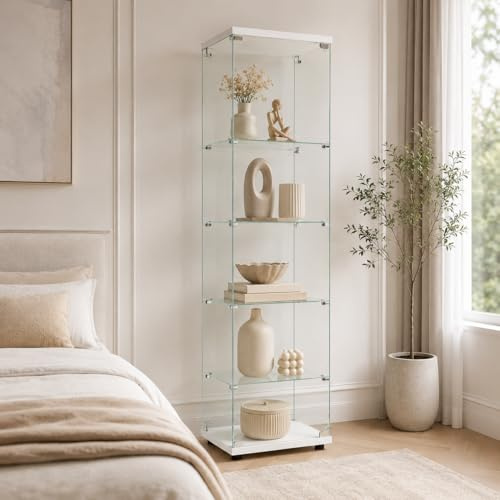 JDEFARF Glasvitrine mit 4 Regalen, Bodenstehender Schaukäfig, Curio Schränke für Wohnzimmer Schlafzimmer, Bodenstehendes Glas-Bücherregal, Weiß (Weiß, 42,5 x 36,5 x 164 cm)