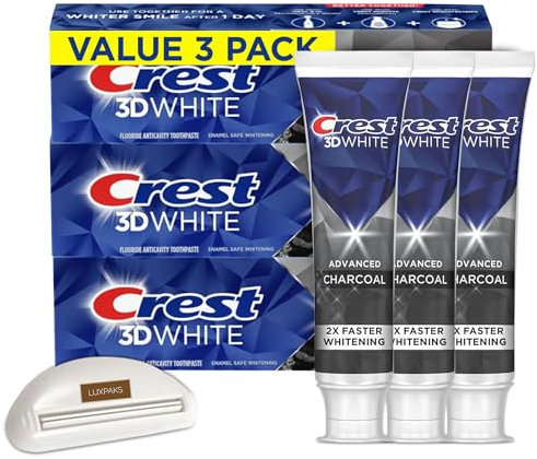 CRST 3D White Advanced Charcoal Teeth Whitening Toothpaste, 3.3 oz Pack of 3 Bundled with LUXPAKS Toothpaste Squeezer – Advanced Whitening and Fluoride Protection
