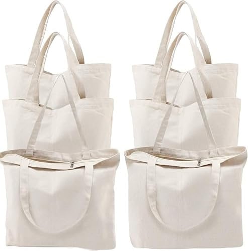 Malloom 6 STÜCK Baumwolltasche 34x40 cm, Jutebeutel mit Reißverschluss und kurzen Henkeln, unbedruckt Stoffbeutel Einkaufstasche für Sport, Shopping, Lebensmittel