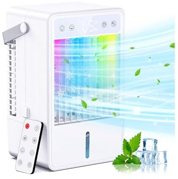 Aire Acondicionado Portatil, 1500ml Mini Enfriador de Aire Silencioso con Mando a Distancia, USB Ventilador con 5 Velocità de Viento & 3 Modos, 10H Timer, Luces de Colores, Ideal para Hogar/Oficina