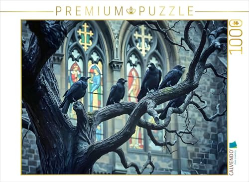 CALVENDO Puzzle Geflüsterte Prophezeiungen - HD-Leinwand „Krähen & alte Kirche“ | 1000 Teile Lege-Größe 64 x 48 cm Foto-Puzzle für glückliche Stunden