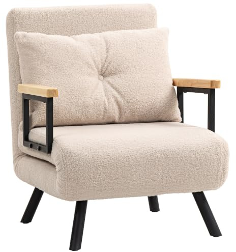 HOMCOM 1-Sitzer Sofabett Klappbares Sofabett gepolstert in Samt mit 5-stufig Verstellbarer Rückenlehne und gepolstertem Kissen für Büro Schlafzimmer Wohnzimmer 63x73x81 cm Beige