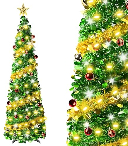 Albero di Natale pop-up con luci e stelle, albero di Natale artificiale pieghevole con paillettes lucide