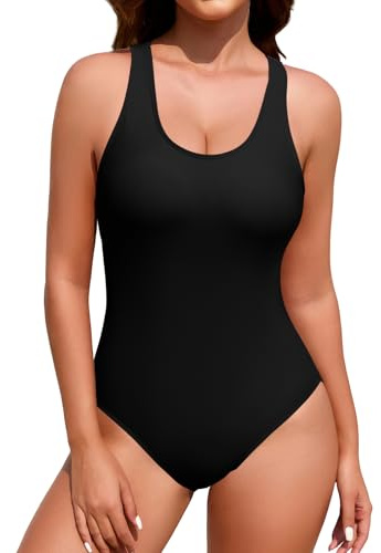 FemiChic Damen Badeanzug Sport Einteiliger Shape Bauchweg Push Up Schwimmanzug mit Abnehmbaren Cups Tummy Control Kreuzträger & Chlorbeständigem Druck(Schwarz,XL)