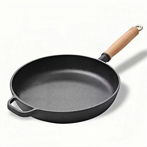 MYHUNJA Gusseisenpfanne 25cm/9.84in Ohne Beschichtung – Eisenpfanne mit Holzgriff für Omelette, Steak, Pfannkuchen und Grillfleisch