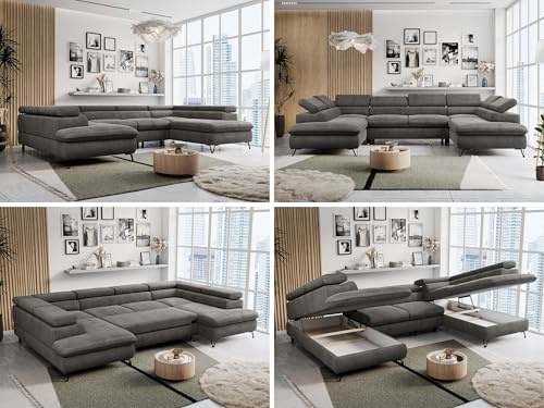Sofa U-Form, Wohnlandschaft U-Form, Sofa mit Schlaffunktion und Bettkasten, Schlafsofa mit Bettkasten, Couch mit Verstellbare Kopfstützen - Peter U - Dunkelgrau Velvet Hydrophob (mit Topper Visco)