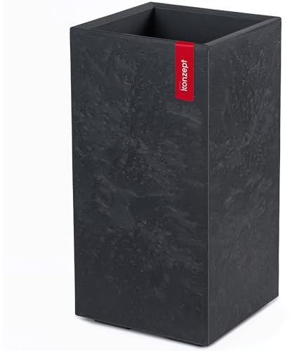 KONZEPT Pflanzkübel groß hoch in Beton-Optik mit Rollen und Drainage, 28,6 x 28,6 x 59,4 cm – für innen & außen, Schwarz