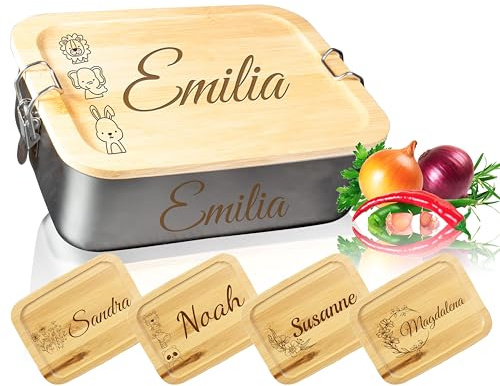Personalisierte Edelstahl Lunchbox mit Gravur | verschiedene Größen | Mit Name, Bento Box für Kinder, Erwachsene, Brotdose personalisierbar (Lunchbox mit Bambusdeckel MAXI - 1200ml)