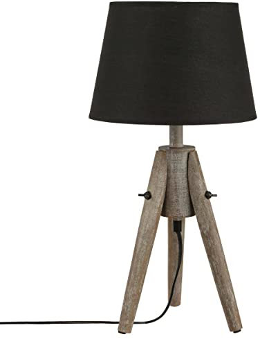ATMOSPHERA CREATEUR D'INTERIEUR Lampe zum Hinstellen - Dreifuß aus Paulownia Holz - gebeizter/gekalkter Effekt - SCHWARZER Lampenschirm