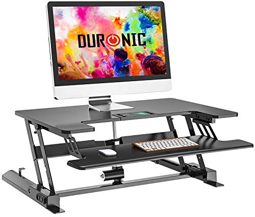 Duronic Electric Standing Desk Converter DM05D7 Adjustable Sit Stand Desks Workstation Wood Height Adjusting Sitting Riser for Office Table PC Laptops Computer Monitor Screen Keyboard and Mouse