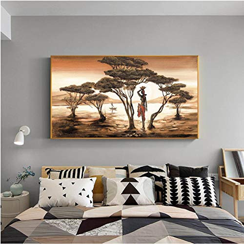 Ywsen Femme Africaine Peinture sur Mur Paysage au Coucher du Soleil Classique Mur Art Toile Impression et Affiche Photo Home Decor sans Cadre 70x140cm