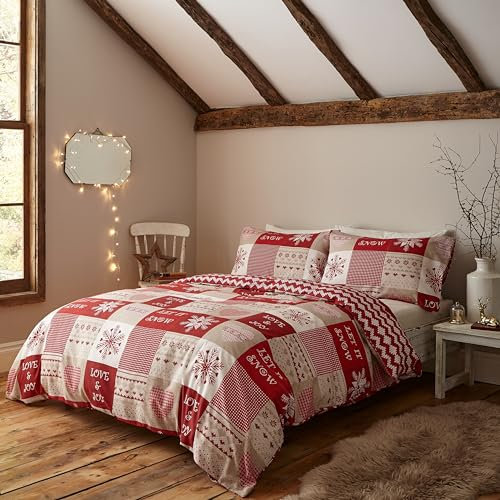 Catherine Lansfield Christmas Let It Snow King Duvet Cover and Pillowcases Red Natural