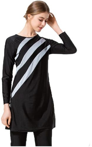Grsafety Damen Muslimischen Badeanzug - Full Cover Bademode Bescheidene Badebekleidung Swimwear Burkini Frauen, Schwarz-Grau, 4XL