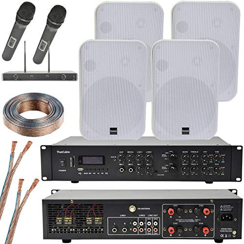 800W Stereo Bluetooth Karaoke / Public Address System | 2 Channel Mixer Amplifier Amp Kit | 4x 200W White Wall Mounted Speakers | 2x UHF Wireless Microphones | Bar Pub Club Hall Audio | Echo Alexa