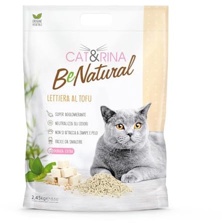 CAT&RINA BeNatural Tofu Katzenstreu, pflanzlich und stark klumpend. Biologisch abbaubar und in der Toilette entsorgbar.Bis zu 30 Tage Gebrauch. Katzenstreu Klassisch, 5,5l