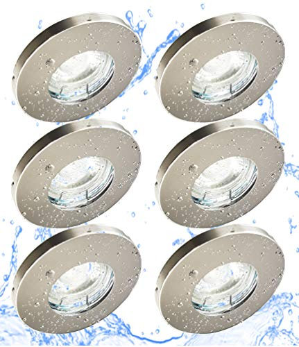 Trango 6er Set IP44 LED Einbaustrahler 6729IP-068M6KSD aus Edelstahl poliert incl. 6x 6000K Tageslicht Weiß (kaltweiß) dimmbar Ultra Flach LED Modul für Bad, Dusche, Einbauleuchte, Deckenlampe