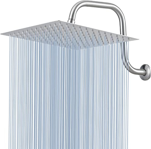 Voolan Regenduschkopf mit Schwanenhals, gebogenem Arm, Ganzmetall-Wasserfall-Regenduschkopf, hoher Durchfluss, quadratisch, großer Duschkopf (30,5 cm Duschkopf mit 33 cm Duscharm, gebürstetes Nickel)