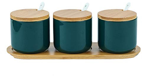 OnePine Lot de 3 Céramique Sucrier Rond Seasoning Containers Pot à épices Sel Spice Jar Condiments boîte avec Cuillère et Plateau en Bambou