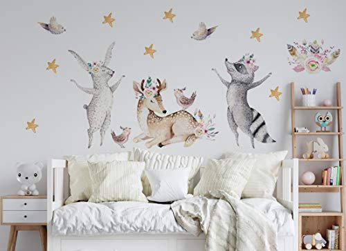 Wandtattoo Waldtiere I Reh Hase Waschbär Vögel Sterne Kinderbilder Junge Kinderzimmer Mädchen Aufkleber Osomhome os8864 (145x115cm)