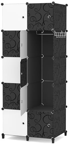 HOMIDEC Portable Wardrobe 10 Cube Closet with 1 Clothes Hanging Rail, 14x18 Deeper Cube Combination Armoire Modular Cabinet Storage Organizer for Bedroom Clothes Shoes Toys