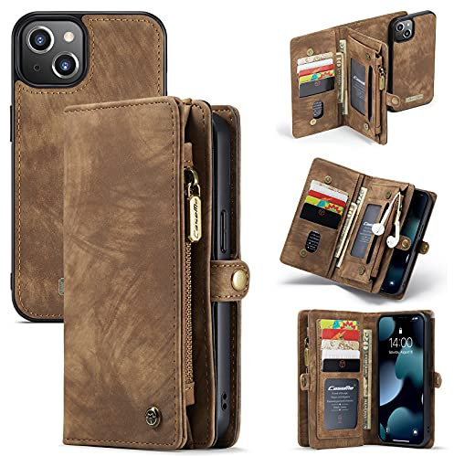 CaseMe Brieftasche Hülle für iPhone 13,Stoßfestes Geldbörsenetui,Abnehmbares Portemonnaie Mit Reißverschluss,Kartensteckplatz Und Originellem Magneten (13, Brown)