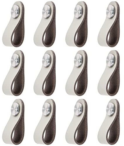 Ledergriffe Hellgrau,Möbelgriffe Leder Ledergriff für Möbel,Einzelloch,18mm Edelstahl Metallkopf Lederschlaufe Schrankgriffe,12 Pack Handgemachte Schubladengriffe Einfarbige Schrankknauf Türgriffe
