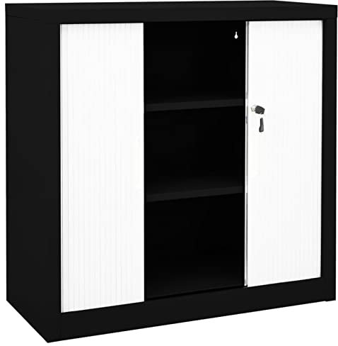 Festnight Armoire avec 2 Portes Coulissantes,Armoire à casiers, Armoire de Bureau Metallique, Meuble Rangement Bureau,Noir et Blanc 90x40x90 cm Acier