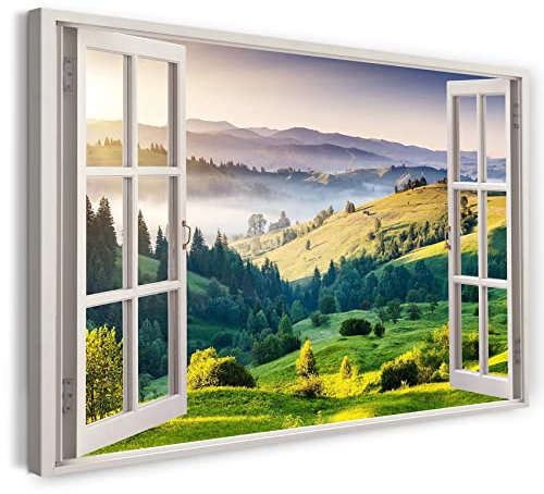 Bilder Fensterblick 120x80cm Baumwoll-Leinwand auf Keilrahmen mit Aufhänger moderner Kunstdruck XXL Wandbilder Wand-Dekoration Hügel Landschaft Sommer Nebel Sonnenaufgang - Natur-Fotografie