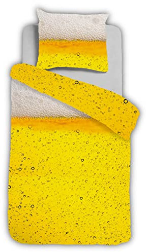 ESPiCO Wende Bettwäsche Sleep and Dream Bier Radler Bier Getränk Schaum Krone Gebräu Gelb Gold Renforcé, Größe:135 cm x 200 cm