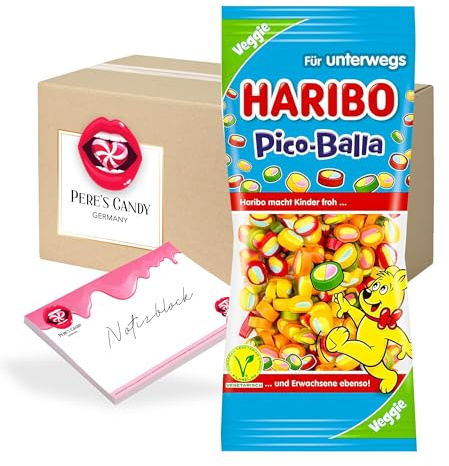 Pere's Candy Bundle für Haribo Pico Balla Veggie 12er Pack (12 x 65g) + Pere's Candy Notepad DIN A7-25 Blatt