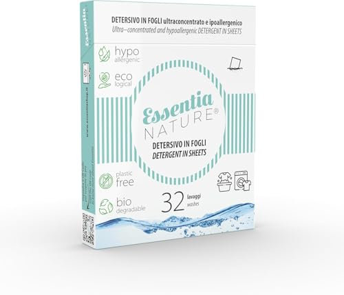 ESSENTIA Detersivo Ecologico in Fogli, 100% Plastic Free, Biodegradabile, Ipoallergenico [Medium, 96 Lavaggi (3 Confezioni da 32 fogli)]
