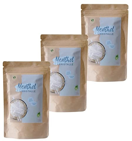 SudoreWell® Cristales de mentol en calidad alimentaria de 100% aceite de menta puro en bolsa de papel de estraza (libre de plástico) 3 x 100 g