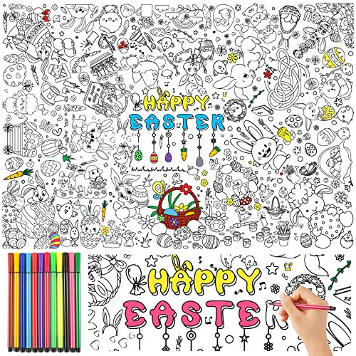 Tischdecke zum Ausmalen Ostern mit 12 pcs Buntstifte Ausmaltischdecke für Kinder Ostertischdecke Ostergeschenke Basteln Kinder Papiertischdecke zum Bemalen Ausmalbilder Happy Easter Kaninchen