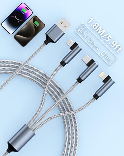 MTAKYI Multi Charger Cable, 1.8m Nylon Braided 3 in 1 Cable 90 Degree Charging with iPhone/Micro/USB Type C Connector for iPhone, Android Samsung, Huawei, Nexus, Nokia,LG, Sony,PS4, Grey