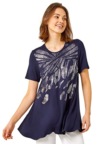 Roman Originals Metallic Animal Print T-Shirt for Women UK - Ladies Everyday Holiday Spring Summer Round Neckline Comfy Soft Evening Vacation Work Party - Navy - Size 12