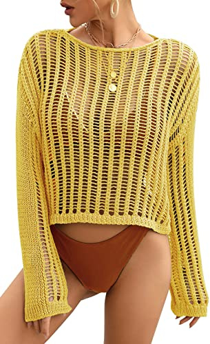 SEAUR Damen Badeanzug Cover Up Gestrickt Netz Strand Oberteil Sommer Strandkleid Bikini Cover Ups Langarm Strandponcho Strandtunika - M