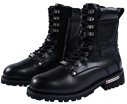 Herren Motorradstiefel Zum Reiten PU Leder Kampfstiefel Für Männer Wasserdicht Biker Stiefel mit Schnürung Seitlicher Reißverschluss, Schwarz, 45 EU