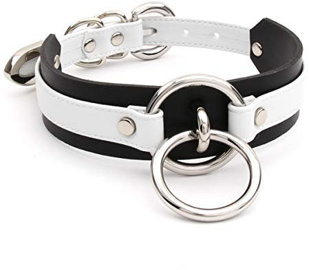 lalatia Damen Halsband O Ring Kunstleder Choker Halskette (Schwarz Weiß Silber)