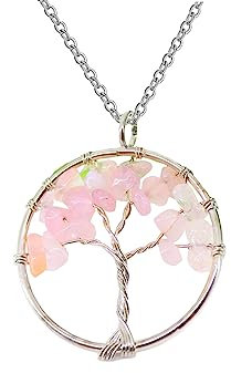 Only faith Collar para Mujer Arbol de Vida con piedras naturales Hecho a mano Acero Inoxidable Amuleto y protección Limpieza de Chakras meditación (Cuarzo Rosa)