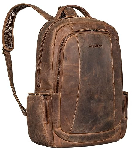 STILORD Waldo Leder-Rucksack mit vielen Fächern und Laptopfach 17,3 Zoll Damen und Herren braun Rauleder ideal für Reisen Arbeit Business und als Tagesrucksack