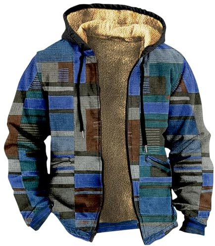 SOOUICKER Fleecejacke Herren Kapuze Sweatjacke Herren Gefüttert Zip Hoodie Herren mit Print Fleecejacke Herren Kariert Vintage Sweatjacke Herren Fleece Hoodie Herren mit Reißverschluss