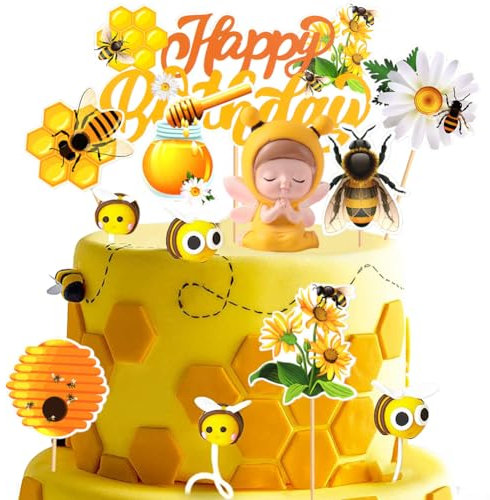 HGSHUO Tortendeko Biene Kuchen Deko Geburtstag Cake Topper Bee Gänseblümchen Torte Deko Happy Birthday Kindergeburtstag Cupcake Topper Sommerparty Kuchendeko A