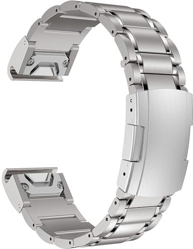 MaKTech Fascia in Titanio,Bracciale in Metallo a Cinque Pezzi Da 26mm con Fibbia a Tartaruga,per Smartwatch Garmin Fenix 8 51mm/7X/6X/5X/7X Pro/6X Pro/5X Plus (Argento)