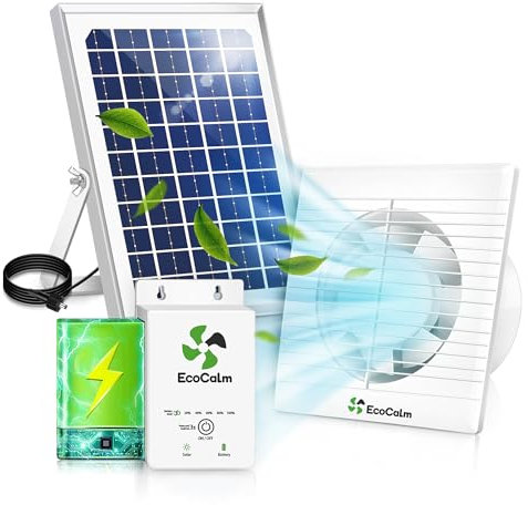 ecoCalm Solar Fan with Battery, Solar Powered Fan 100mm with 12V Solar Panel and 4.5M Cable, Greenhouse Fan Kit for Chicken coop, Pet House, Camping