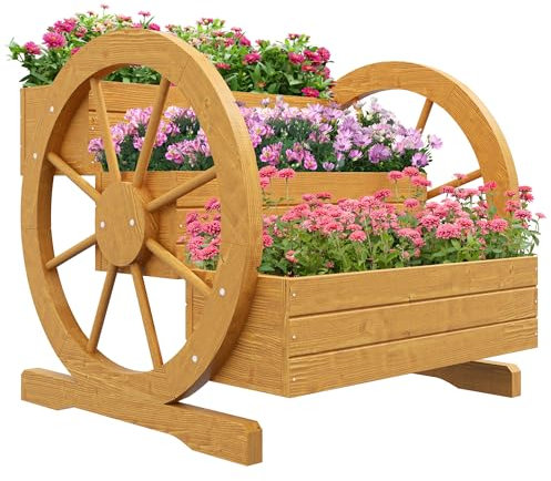 Outsunny Hochbeet aus Holz, Blumenkasten mit 3 Etagen, Gemüsebeet mit Wagenrad-Dekor, Kräuterbeet mit Entwässerungslöchern für Garten, Balkon, Teak, 61 x 62 x 57 cm