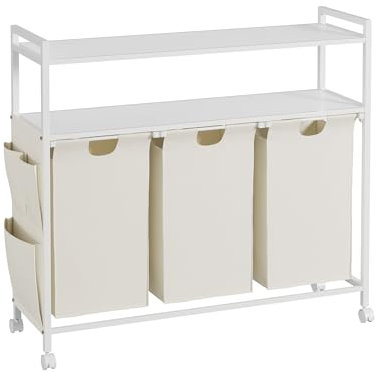 Wäschekorb 3 fächer, Wäschekorb mit 2 Ablagen, Wäschesammler mit Rollen, Aufbewahrungstasche, Haken, Wäscheschrank, Wäschebox mit Wäschesack aus Oxford-Stoff, Metallrahmen, 3 x 46 L, Weiß