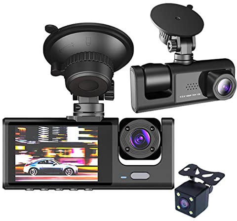 MRNHA 3 Camera Lens Car DVR 3-Channel Dash Cam HD 1080P Front and Rear Inside Dashcam Video Recorder Night Vision