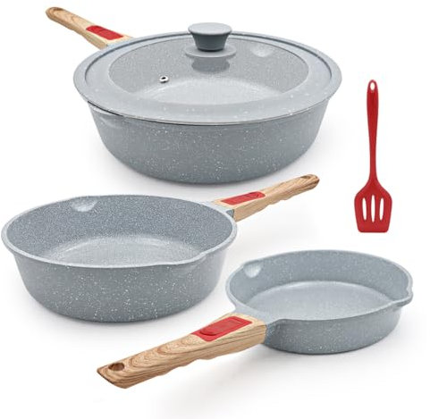 AIKENBBKK Juego de sartenes de cerámica de 5 piezas, Sarten para freír con tapa 20/24/28 cm con revestimiento cerámico antiadherente y mango extraíble, aptas para horno y lavavajillas- Azul